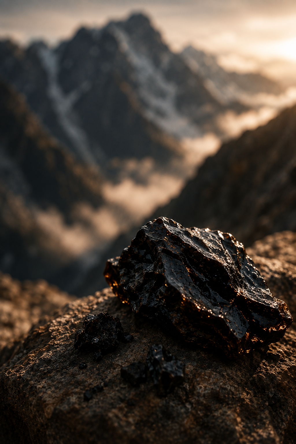 Resina de shilajit sobre roca con montañas al atardecer